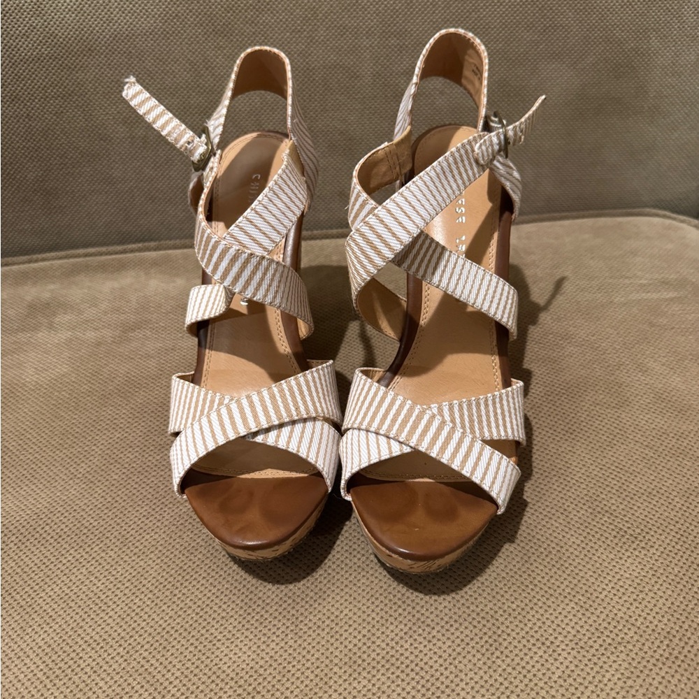 Striped Cream and Tan Wedge Sandals - Women's